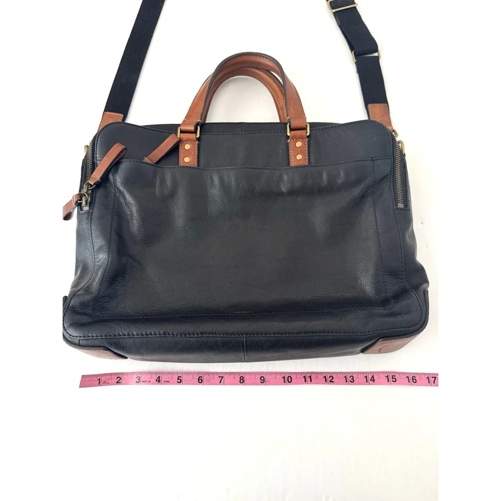 Fossil Defender Briefcase Black Leather Top Handles Crossbody Strap Double Zip